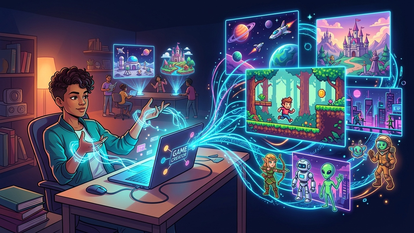 A creator directing AI to build games — pixel art characters, platformers, and worlds spring to life from a laptop