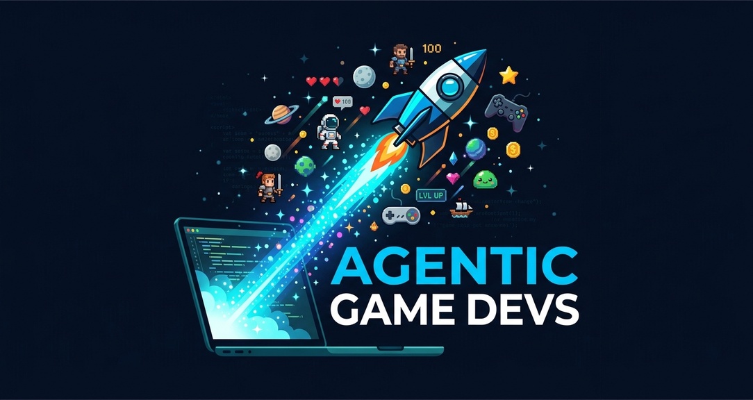Agentic Game Devs — a laptop launching a rocket surrounded by pixel art game characters and icons